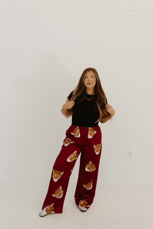 Silky Maroon Leopard Face pants