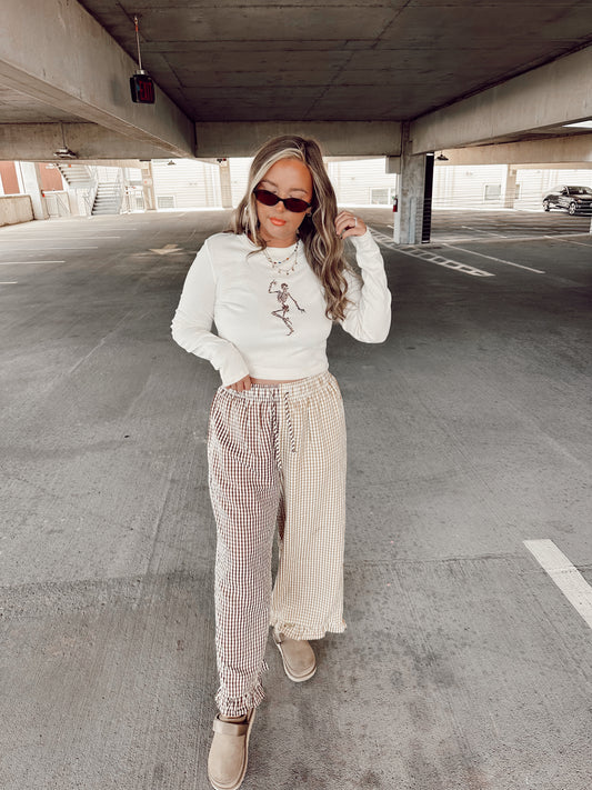 Brown Gingham Spliced Cropped Ruffle Boxer PANTS