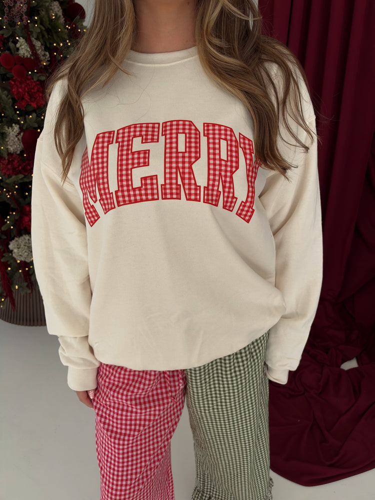 Gingham MERRY Graphic Sweatshirt (Green or Red Font)