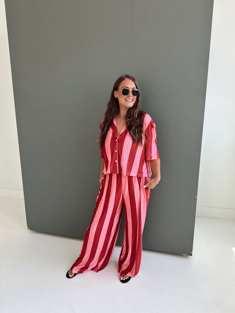 RASPBERRY STRIPED Cropped SS Flowy TOP