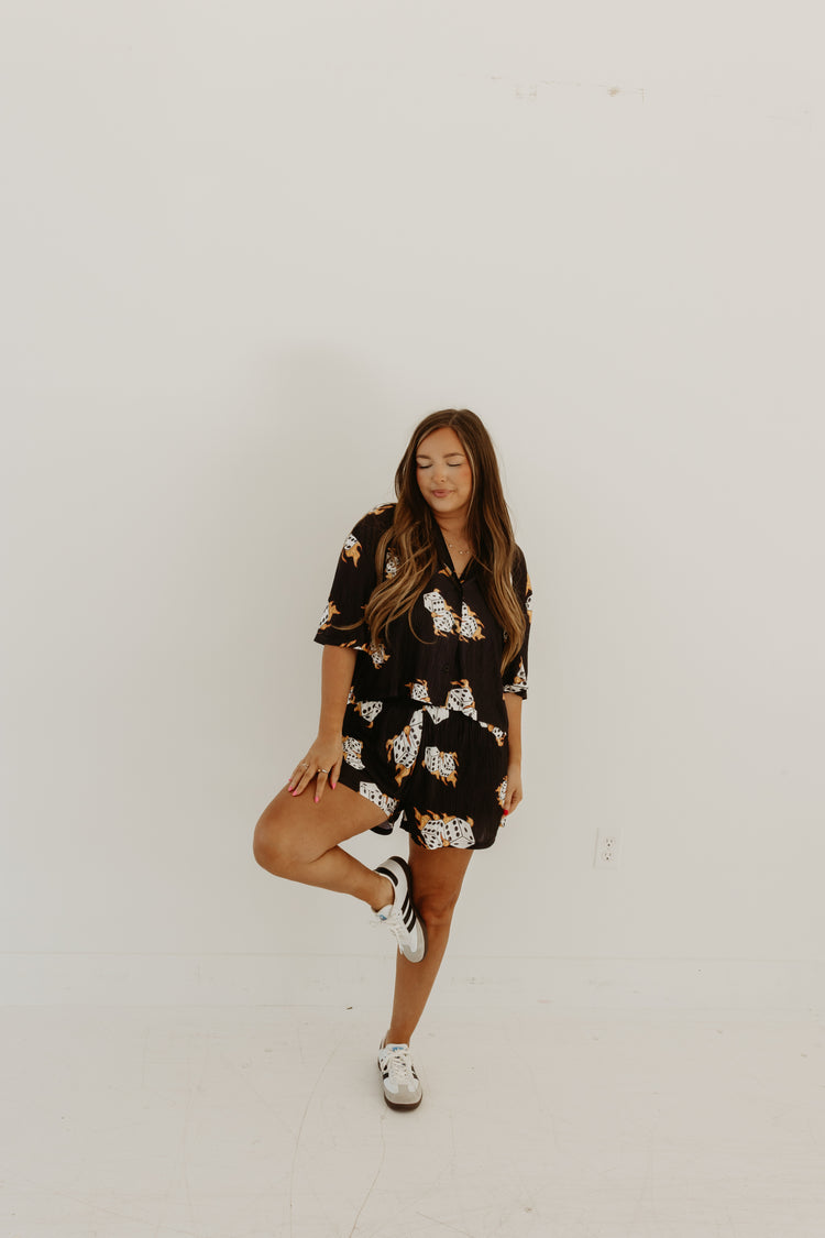 Flaming Dice SS cropped button up top