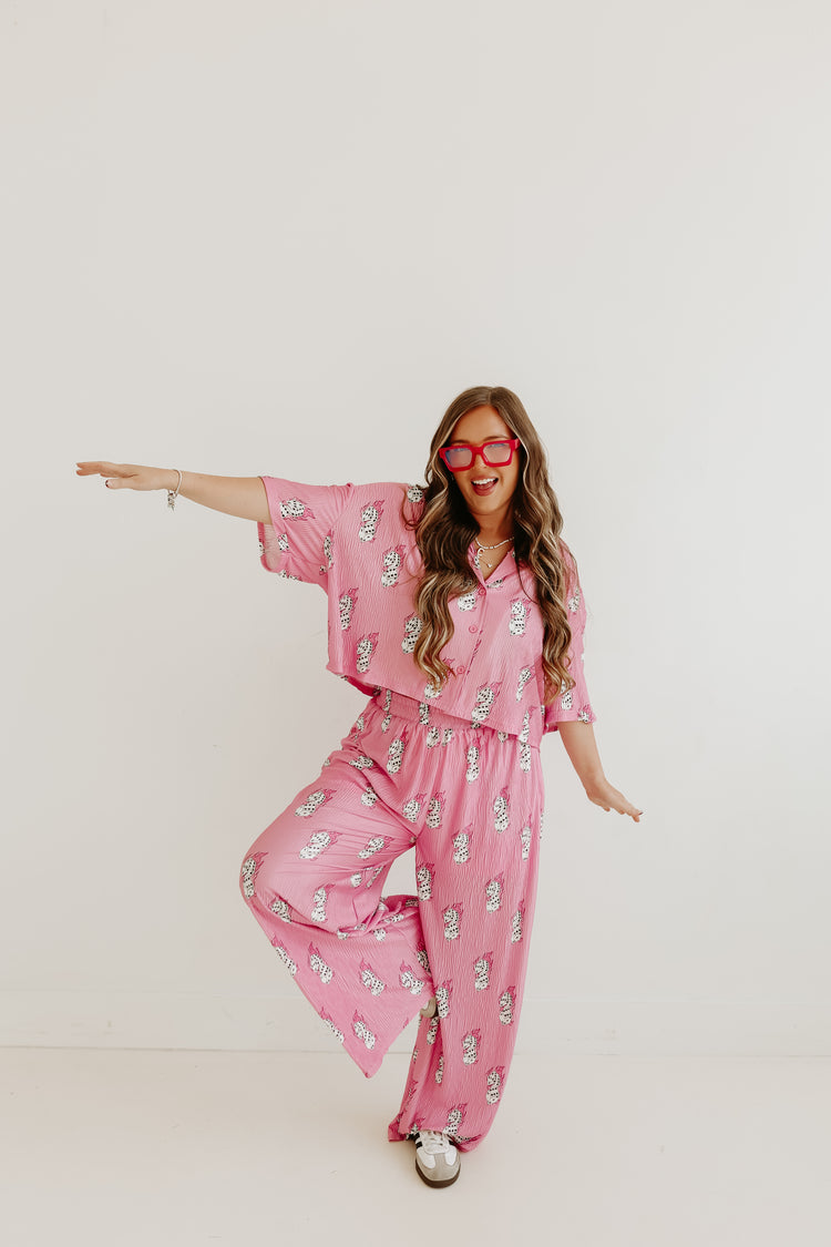 Pink Flaming Dice Flowy Cropped Top