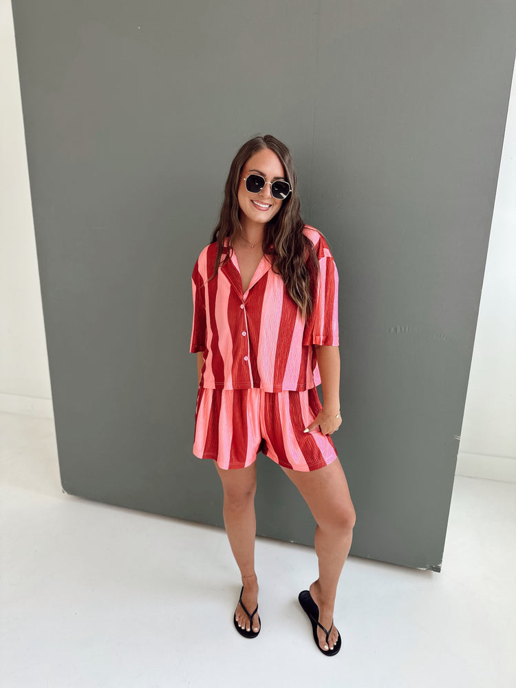 RASPBERRY STRIPED Cropped SS Flowy TOP