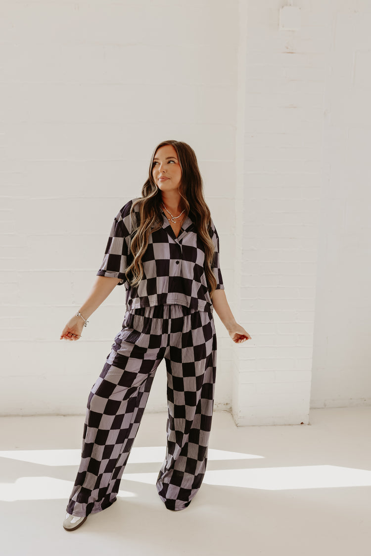 Grey & Black Checkmate Cropped Flowy Top
