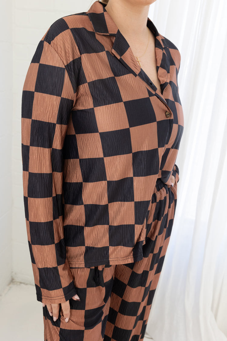 Brown & Black Long Sleeve Checkmate Top