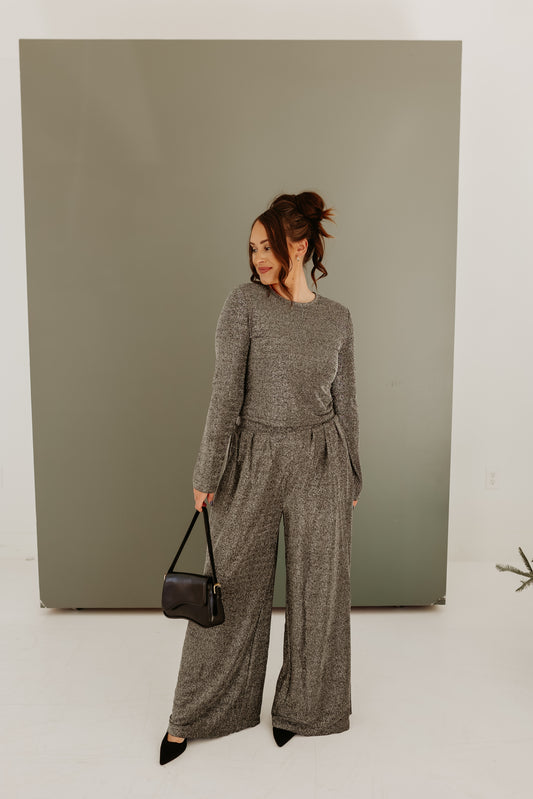 Sparkle Pleated Palazzo Pants Set (Gun Metal)