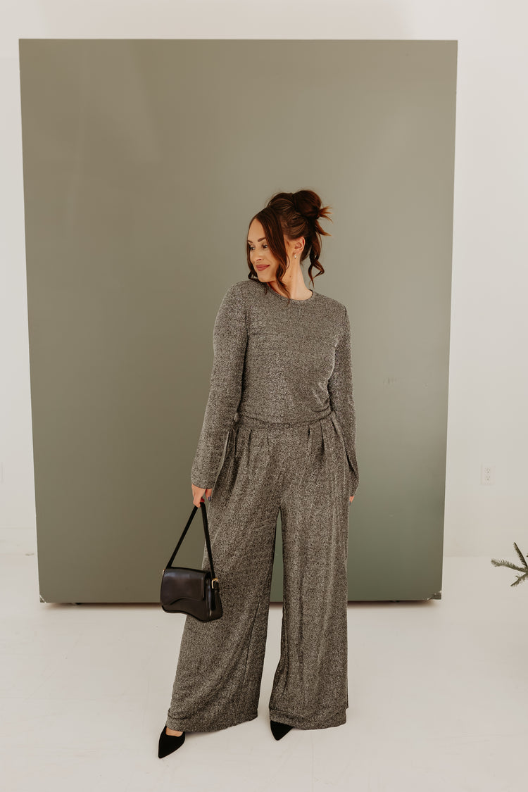 Sparkle Pleated Palazzo Pants Set (Gun Metal)