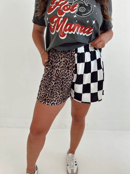 CHECK & LEOPARD SPLICED FLOWY **SHORTS**