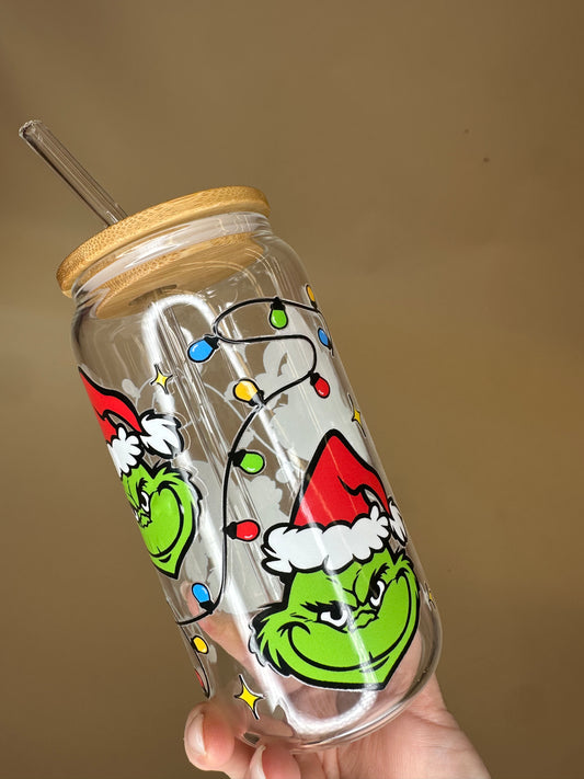 GRINCH FACE GLASS TUMBLER 16oz