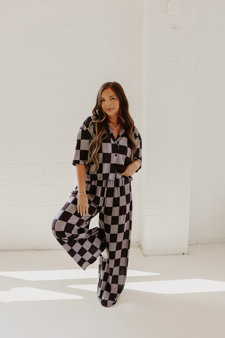 Grey & Black Checkmate Cropped Flowy Top