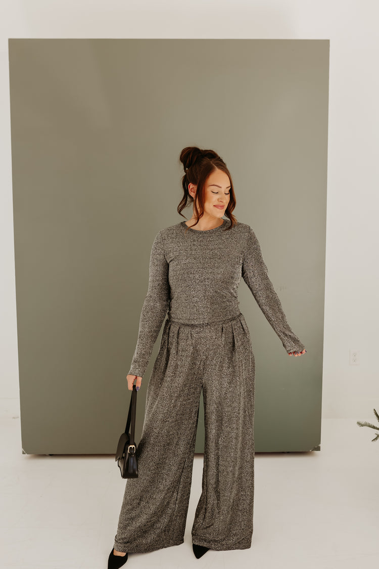 Sparkle Pleated Palazzo Pants Set (Gun Metal)