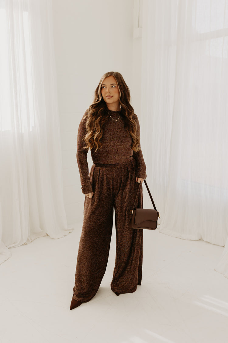 Sparkle Pleated Palazzo Pants Set (Bronze)
