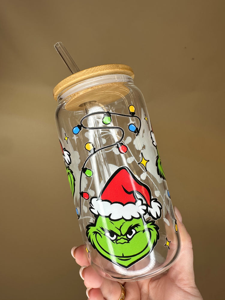 GRINCH FACE GLASS TUMBLER 16oz