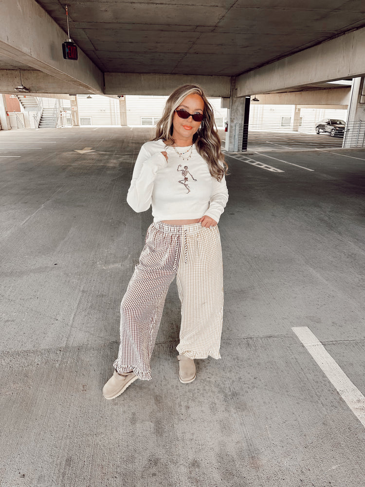 Brown Gingham Spliced Cropped Ruffle Boxer PANTS