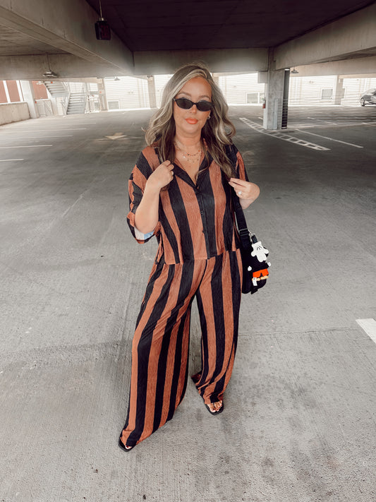 Brown & Black Striped Flowy PANTS
