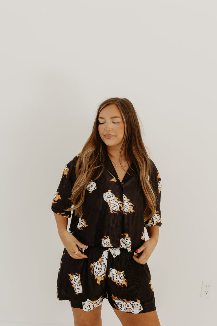 Flaming Dice SS cropped button up top