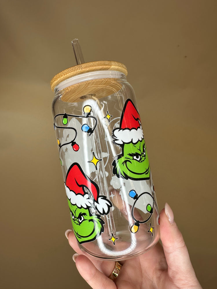 GRINCH FACE GLASS TUMBLER 16oz