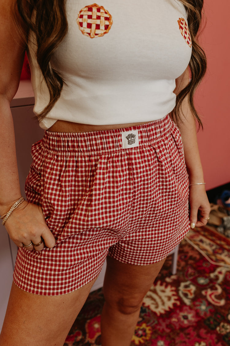 Red gingham boxer shorts