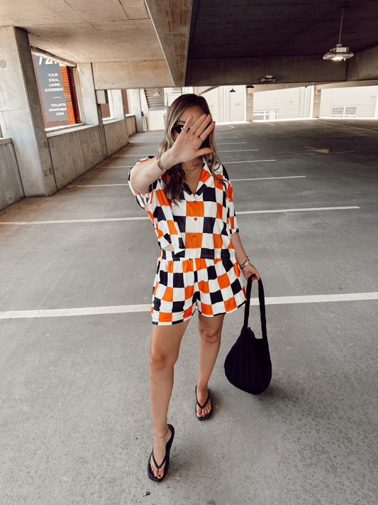 Orange + Black + White Checkmate Top SS