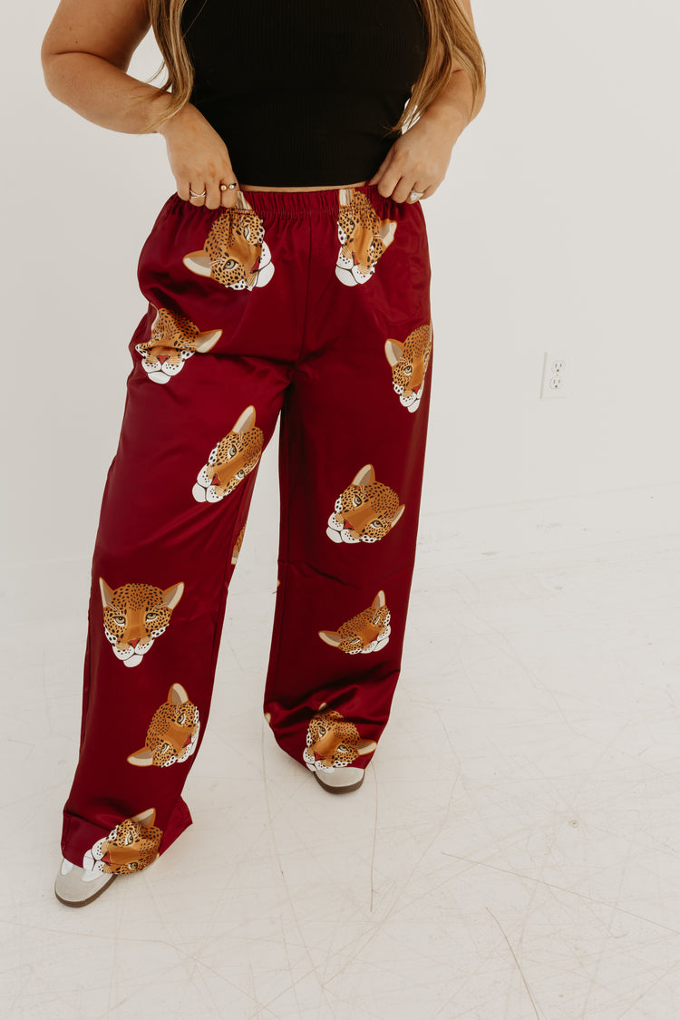 Silky Maroon Leopard Face pants