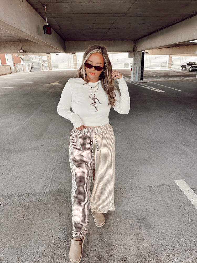 Brown Gingham Spliced Cropped Ruffle Boxer PANTS