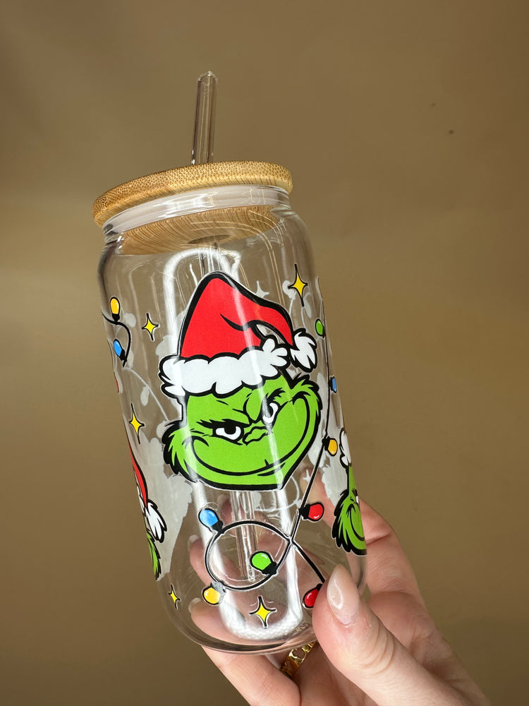 GRINCH FACE GLASS TUMBLER 16oz