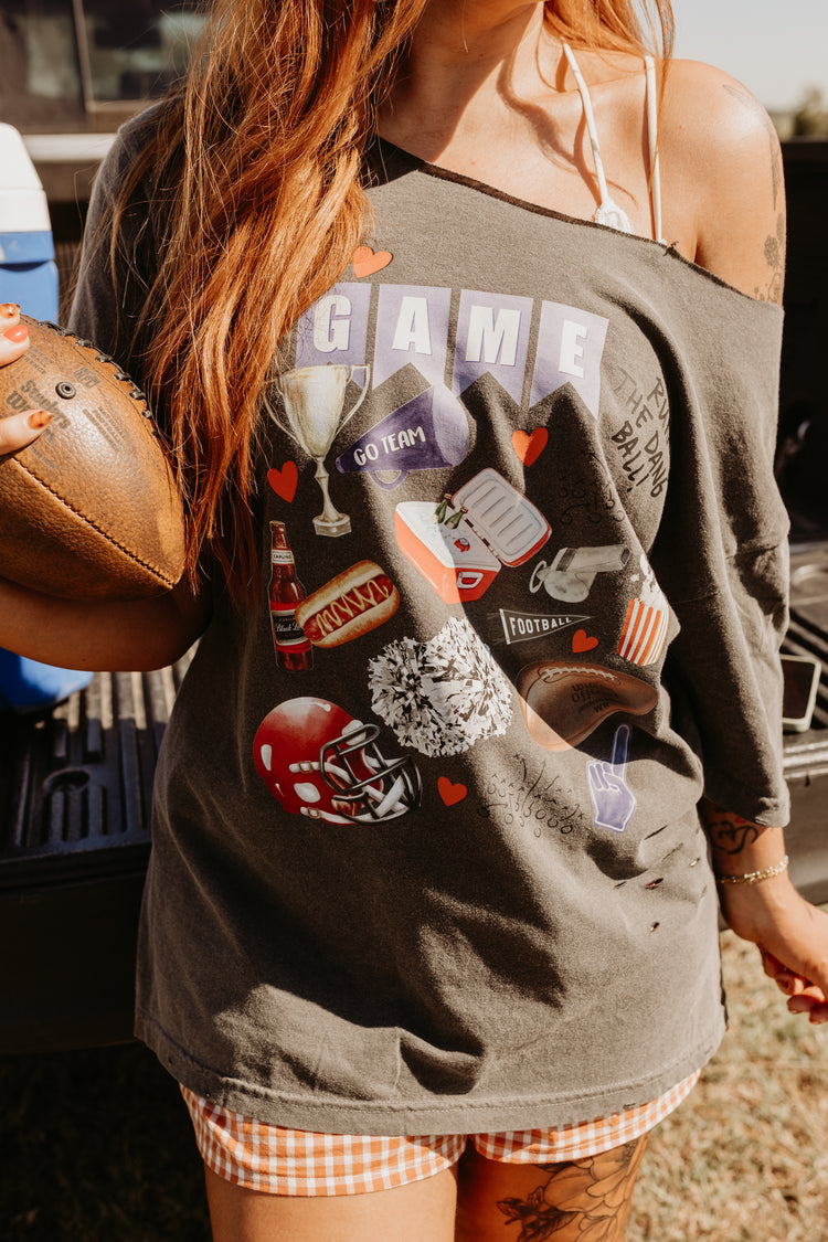 Off Shoulder Game Day Collage Distressed Tshirt