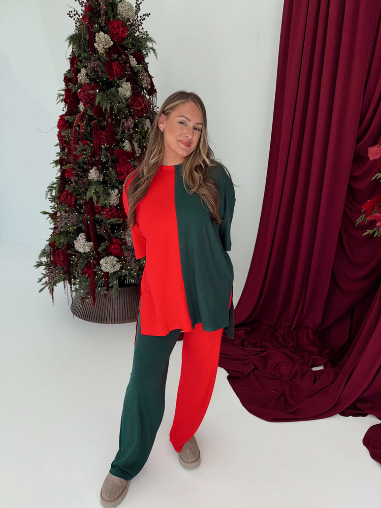 Ribbed Catlyn Pants Set (RED & GREEN SPLICED)